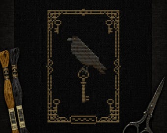 レイヴンキーのクロスステッチパターン • ゴシッククロウネバーモアポーのPDF • 魔女風メメントモリ刺繍 • ダークコテージコアブラックアイーダデコレーション