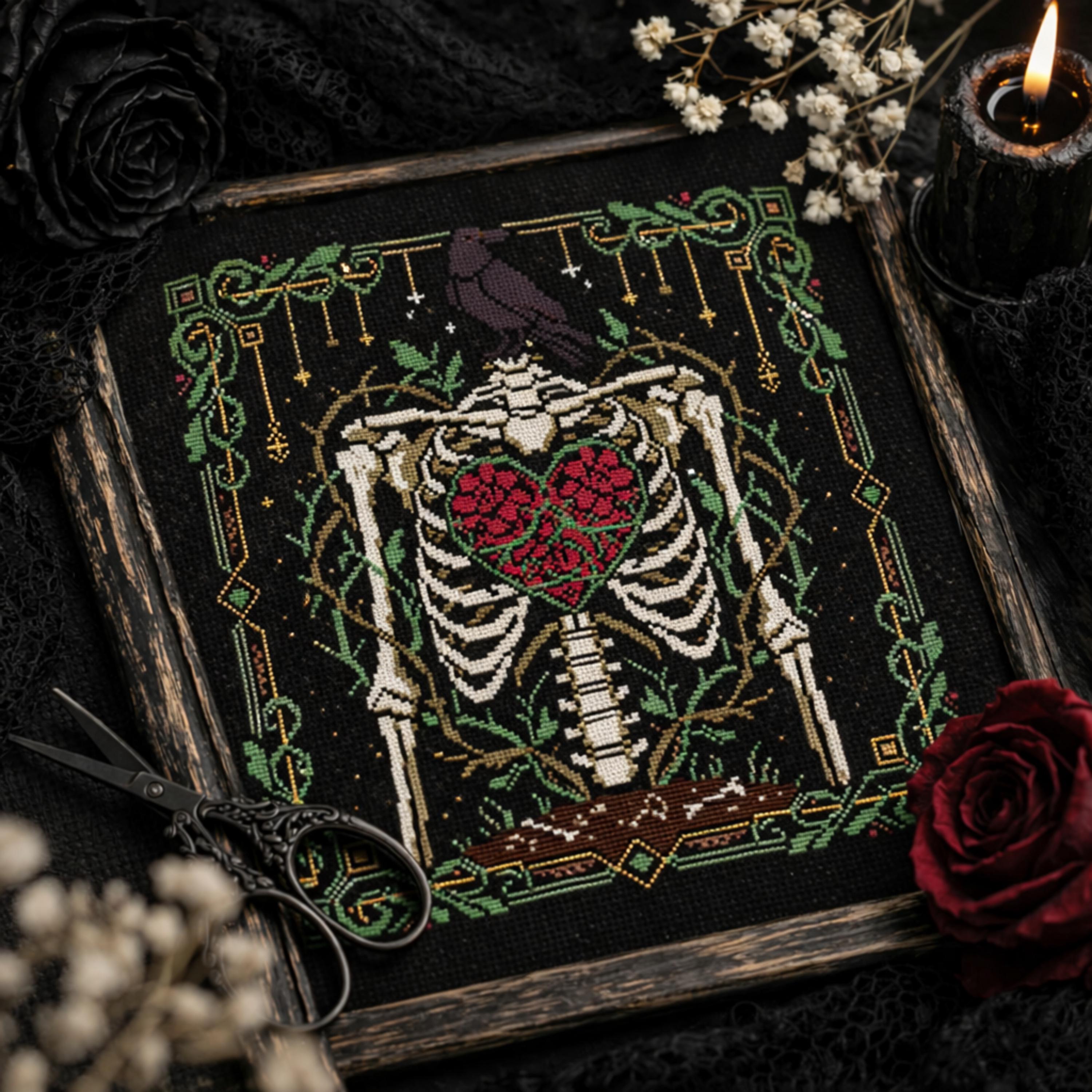 Gothic Raven Skeleton Counted Cross Stitch Pattern • Memento Mori Rose ...