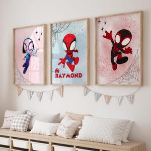Spiderman Wall Art Set of 3 Custom Print, Superhero Themed Nursery Decor with Spidey Personalized Name Gift for Boys, Wall Hanging Spiderman