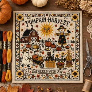 Pumpkin Harvest Cross Stitch Pattern, Primitive Fall Sampler with Barn Scarecrow and Sunflowers, Counted Cross Stitch PDF