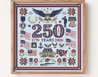 アメリカ退役軍人250周年記念クロスステッチパターンサンプラー｜アメリカ独立記念日250周年チャート、7月4日愛国記念日、即時ダウンロード
