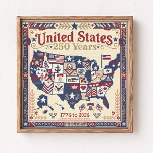 May include: A framed cross-stitch depicting a map of the United States, celebrating 250 years. The map is filled with patriotic symbols in red, white, and blue, with the text "United States 250 Years" at the top and "1776 to 2026 Anniversary" at the bottom.
