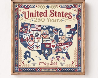 アメリカ地図のクロスステッチパターン、愛国的なフォークサンプラー、独立記念日の刺繍（デジタルダウンロード）