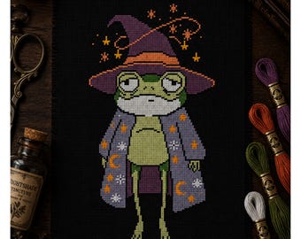 魔女ガエルのクロスステッチパターンPDF | ゴブリンコア ハロウィン カエル刺繍 | 面白くて不気味なゴシックヒキガエルのクロスステッチ