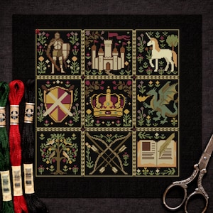 Medieval Sampler counted Cross Stitch Pattern • Dragon Castle Unicorn Crown Tapestry • Dark Academia Cottagecore PDF Download