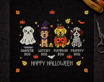 おもしろい犬のハロウィンクロスステッチパターン｜幽霊、魔女、カボチャ、ミイラの子犬（PDFダウンロード）
