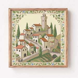Hillside Village Castle counted Cross Stitch Pattern • Tuscan Cottagecore Landscape • Folk Art Medieval Wall Art PDF Instant Download