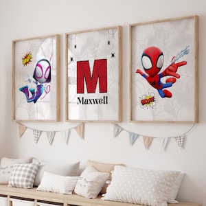 Spidey Themed Wall Art Prints Set of 3 Nursery Decor Spiderman Custom Print Toddler Boy Digital Posters Personalized Name Boys Room Decor