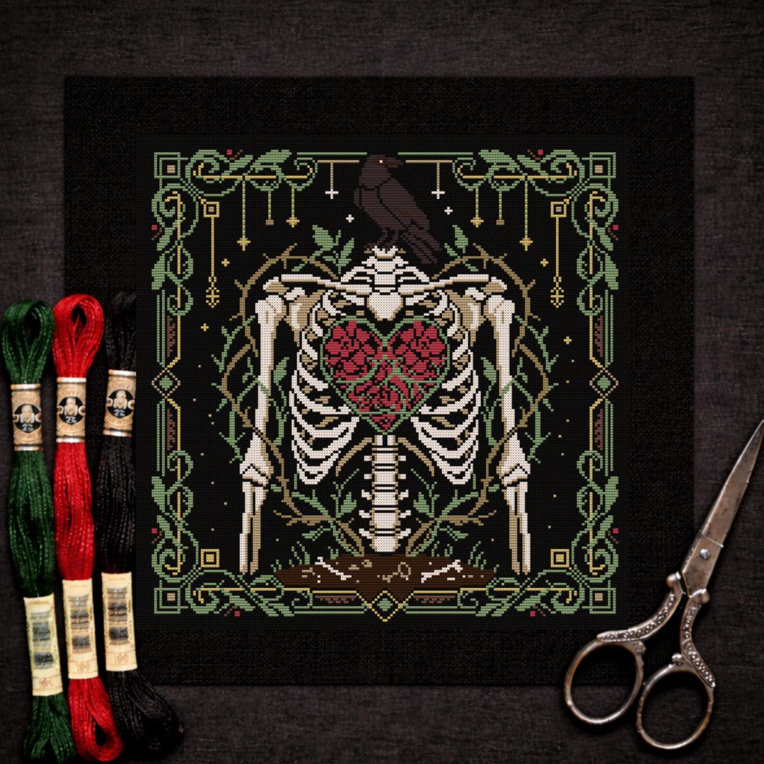 Gothic Raven Skeleton Counted Cross Stitch Pattern • Memento Mori Rose ...