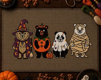 ハロウィンベアのクロスステッチパターン｜魔女、カボチャ、幽霊、ミイラのコスチューム（PDFダウンロード）
