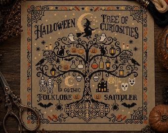 Halloween Kreuzstich Muster, Gothic Folklore Primitive Sampler, Hexen Schädel Raben Kreuzstich PDF, digitaler Download