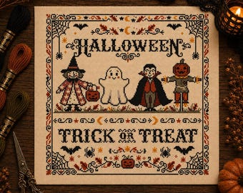 Vintage Halloween Cross Stitch Pattern PDF | Trick or Treat Sampler | Witch Ghost Vampire Scarecrow Decor
