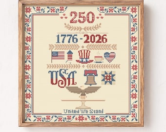 アメリカ建国250周年記念クロスステッチパターン • 団結こそ力 イーグル リバティベル サンプラー • 愛国的な建国250周年記念PDFダウンロード