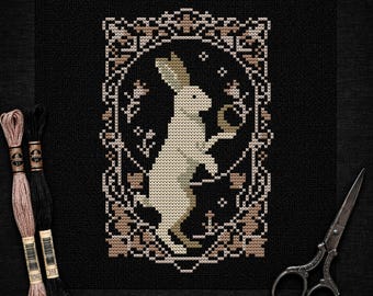 ゴシックウサギのクロスステッチパターン • フォークロアの月明かりのウサギの肖像画 • ダークアカデミア ゴブリンコア フェアリーコア PDF 即時ダウンロード
