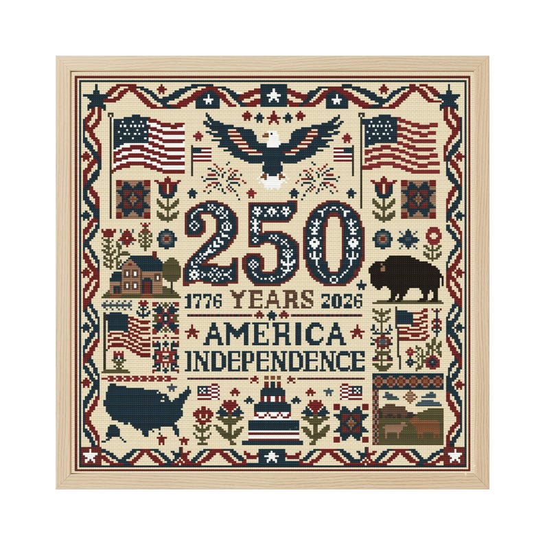 Korsstygnsmönster för Amerikas 250 år av självständighetsdagen, 1776-2026, diagram över USA:s 250:e årsdag, exempel på folkmusik för den 4 juli, PDF, direktnedladdning bild 4