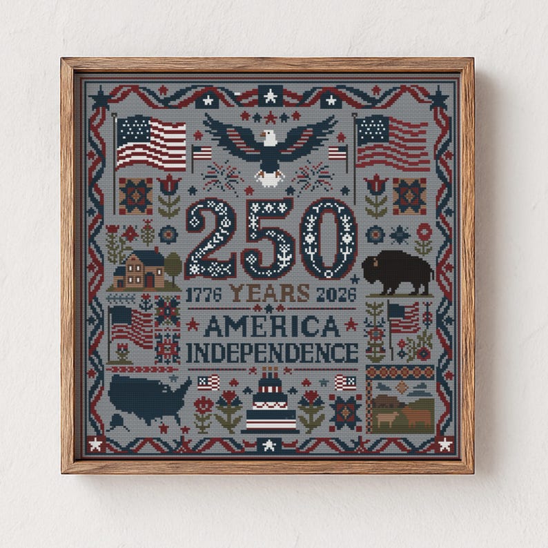 Korsstygnsmönster för Amerikas 250 år av självständighetsdagen, 1776-2026, diagram över USA:s 250:e årsdag, exempel på folkmusik för den 4 juli, PDF, direktnedladdning bild 3