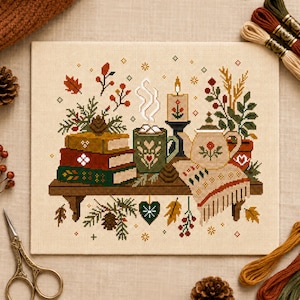 以下が含まれることがあります： ベージュの布地に施されたクロスステッチ刺繍。棚の上に積み重ねられた3冊の本、湯気の立つ緑色のマグカップ、火のついたキャンドル、ティーポットが描かれています。秋の葉、松の枝、ベリー、フリンジ付きの布が緑、赤、茶色の色合いで表現されています。