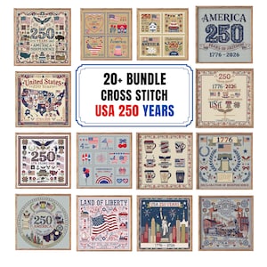 Könnte beinhalten: Eine Sammlung von gerahmten Kreuzstichmustern, die den 250. Jahrestag der USA feiern. Die Designs zeigen patriotische Themen, darunter Flaggen und Wahrzeichen, mit dem Text "USA 250 YEARS". Die Rahmen sind aus Holz.