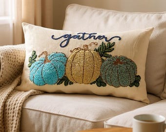 Embroidered Fall Pillow Cover: Farmhouse Thanksgiving Decor