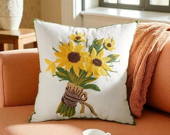 Floral Embroidered Linen Cushion: Modern Home Decor Pillow