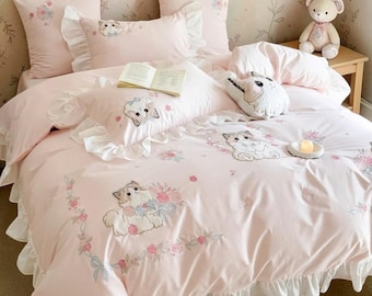 Embroidered Cotton Kids Bedding Set, Pink or Blue Duvet Cover, INS Style Bed Linen