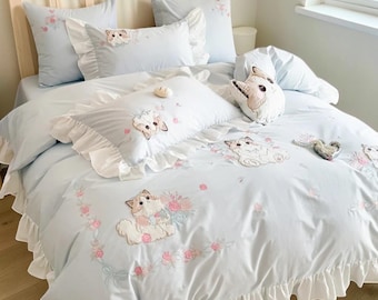 Embroidered roses Cotton Bedding Set, Pink Blue Girls Bedroom Linen (3/4 Piece)