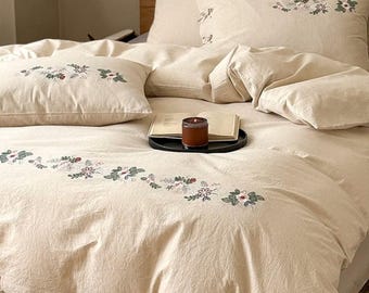 French Country Floral Embroidered Duvet Cover Set, Cotton Linen Bedding, Cottage Style