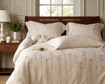 Luxury Handmade Vintage Floral Embroidered Bedding Set,Cotton /Linen Duvet Cover Set with Flat/Fitted Sheet,Pillowcases,4-Piece Bed Linen