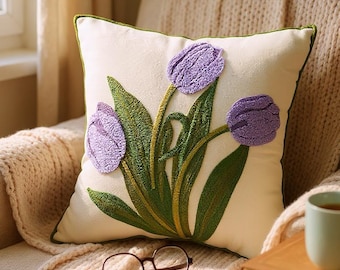 Embroidered Tulip Pillow Cover: Linen-Cotton Blend, Floral Home Decor