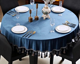 Blue Velvet Round Tablecloth with Tassels: Retro Christmas Party Decor