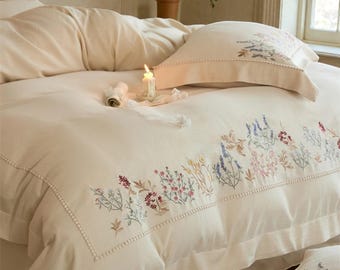 French Floral Embroidered Cotton Linen Duvet Cover Set