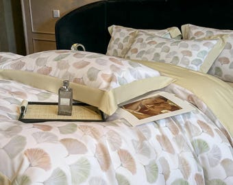 Juego de cama botánico de lujo con estampado floral, sábanas de lyocell con eucalipto, funda nórdica suave y sedosa, sábana ajustable y fundas de almohada, juego de 4 piezas.