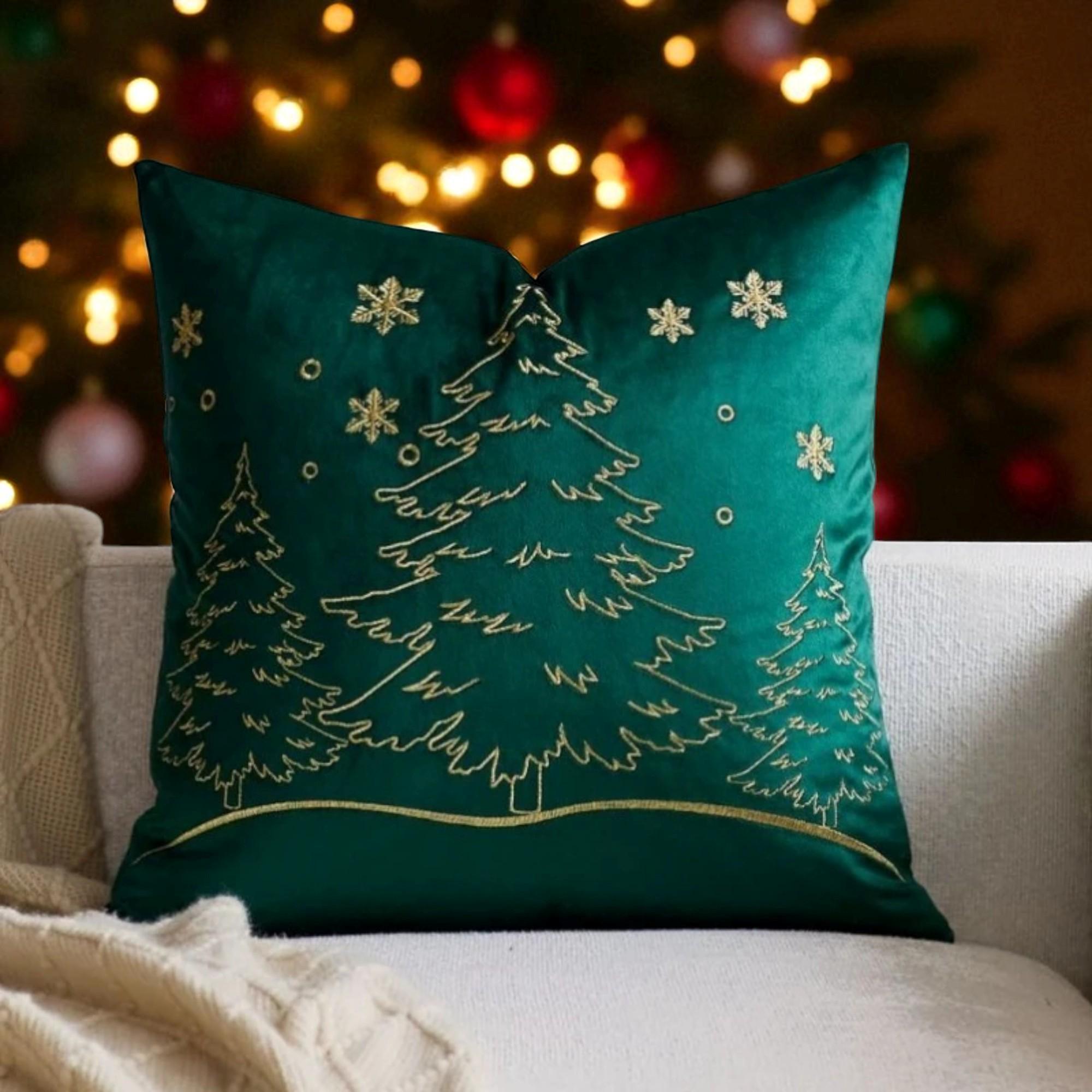 刺繍入りベルベットクリスマスツリークッションカバー：ゴールド