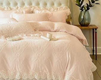 Vintage French Lace Velvet Duvet Cover Set, Winter Bedding,4 Piece