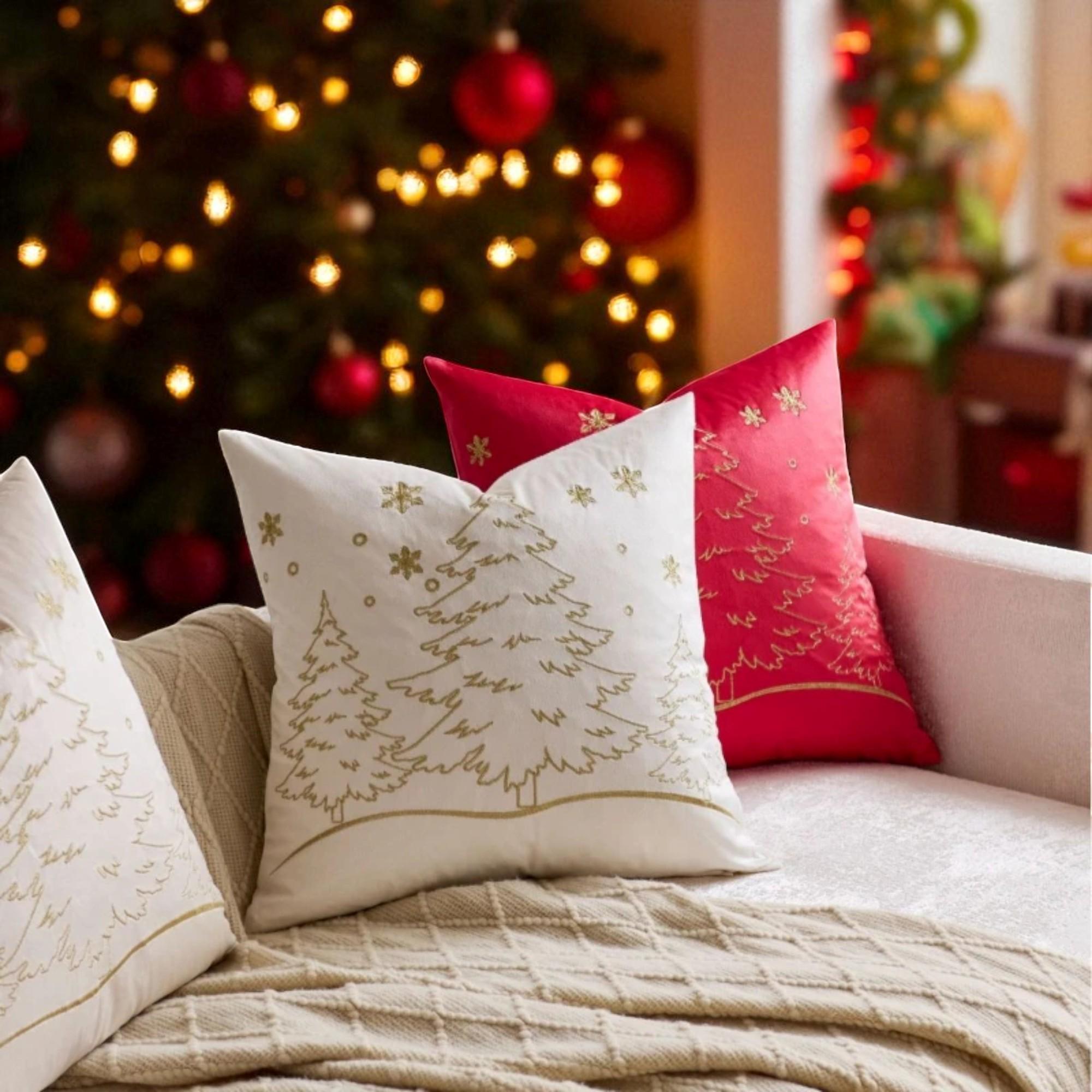 刺繍入りベルベットクリスマスツリークッションカバー：ゴールド