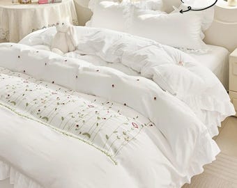 Floral Embroidered Cotton Bedding Set, Ruffle Duvet Cover, Pillowcases