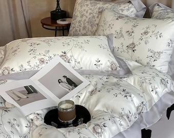 Juego de cama ecológico de lujo de lyocell de eucalipto, funda nórdica con suave estampado floral, sábanas y fundas de almohada sostenibles, juego de 4 piezas