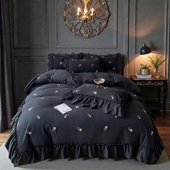 Embroidered Rose Cotton Duvet Cover Set, Lace Bedding, Princess Style,4 piece