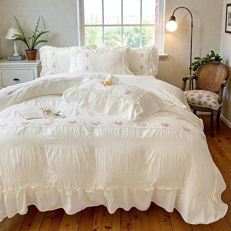 May include: Cream-colored bedding set with ruffled edges and delicate pink floral embroidery. The set includes a comforter, pillows, and a decorative pillow, creating a soft and inviting aesthetic. The bed is set in a bright room with a window and a wooden floor.