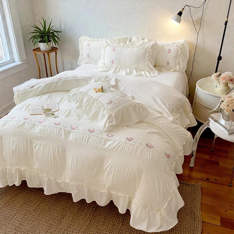 May include: A cream-colored bed set with ruffled edges and floral embroidery. The set includes a comforter, pillows, and a bed skirt. The bedding is arranged on a bed with a neutral-toned rug and a small side table with a plant.