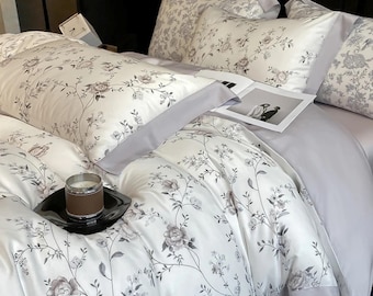 Juego de cama botánico de lujo con estampado floral, sábanas de lyocell con eucalipto, funda nórdica suave y sedosa, sábana ajustable y fundas de almohada, juego de 4 piezas.