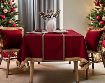 Custom Sizes Dutch Velvet Tablecloth with Tassels,Holiday & Wedding Decor,Christmas Table Decor