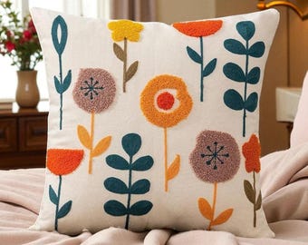 Embroidered Floral Sunflower Linen Cushion: Modern Home Decor Pillow