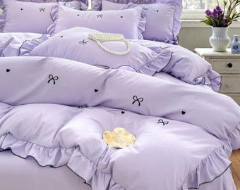 Lace Ruffled Bedding Set, Princess Bow Embroidery, Washed Cotton
