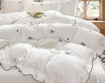 Lace Ruffled Bedding Set, Princess Bow Embroidery, Washed Cotton