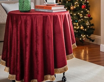 Custom Sizes Dutch Velvet Tablecloth with Tassels:Christmas Table Decor,Holiday & Wedding Decor