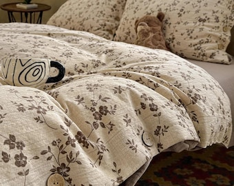 Vintage Floral Cotton 4-Piece Bedding Set, Button Closure