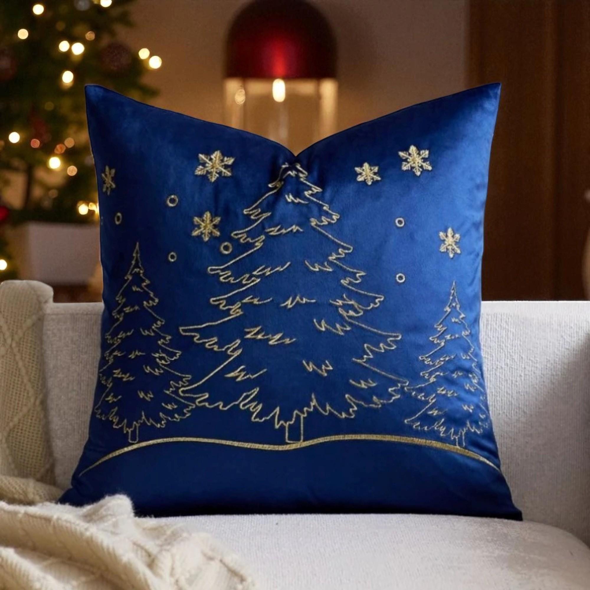刺繍入りベルベットクリスマスツリークッションカバー：ゴールド