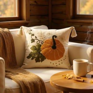 May include: Cream-colored decorative pillow with an embroidered orange pumpkin, green leaves, and floral accents. The pillow has two beige tassels and is placed on a white sofa with a brown throw blanket. A cup of coffee sits on a wooden table.