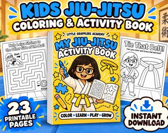 May include: A Kids Jiu-Jitsu Coloring & Activity Book with 23 printable pages. The cover features a cartoon character in a white gi with a yellow belt holding a blue crayon and an open book. Includes maze and belt-tying activity pages.